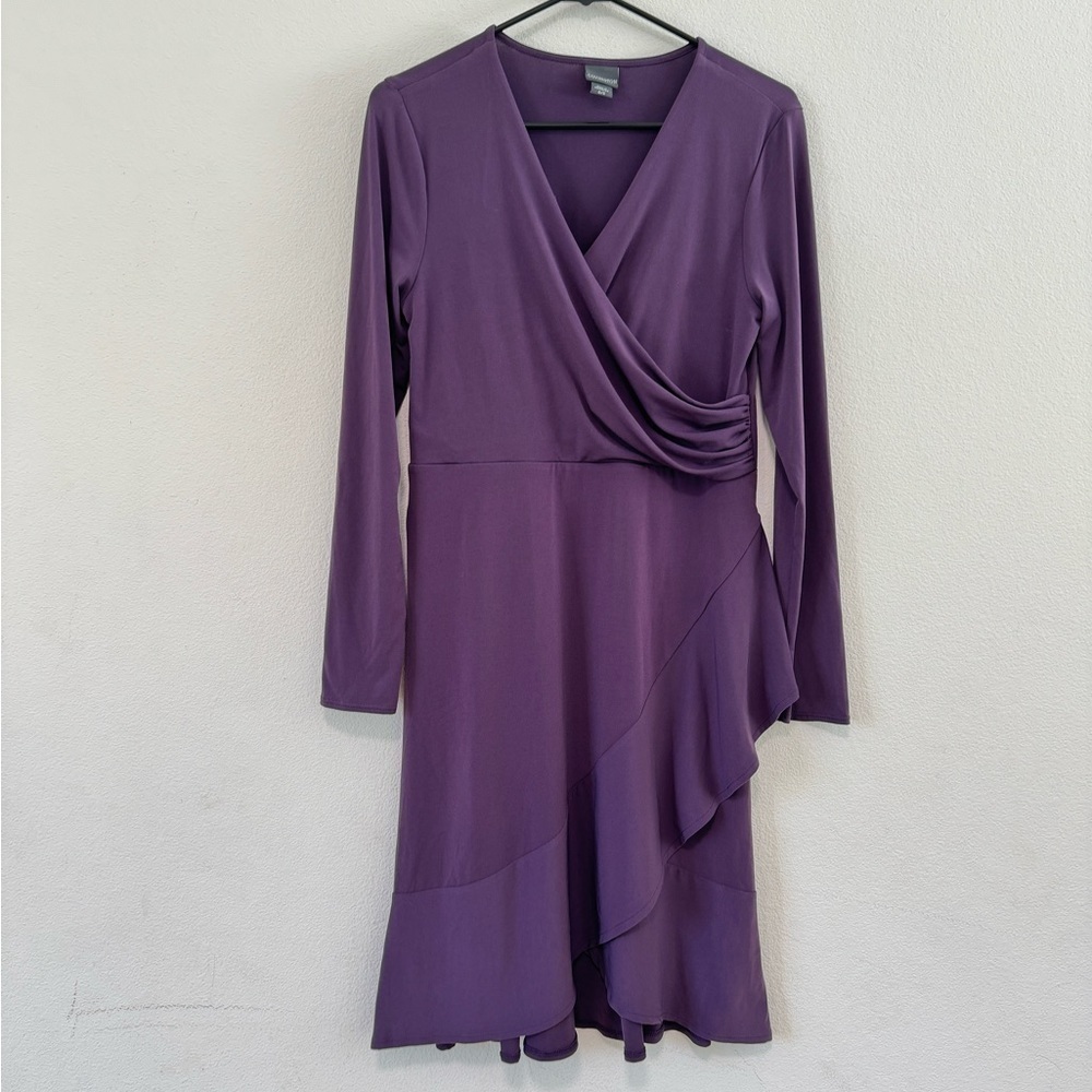 Covington Purple Faux Wrap Surplice Neckline Ruffled Hem Long Sleeve Dress Small